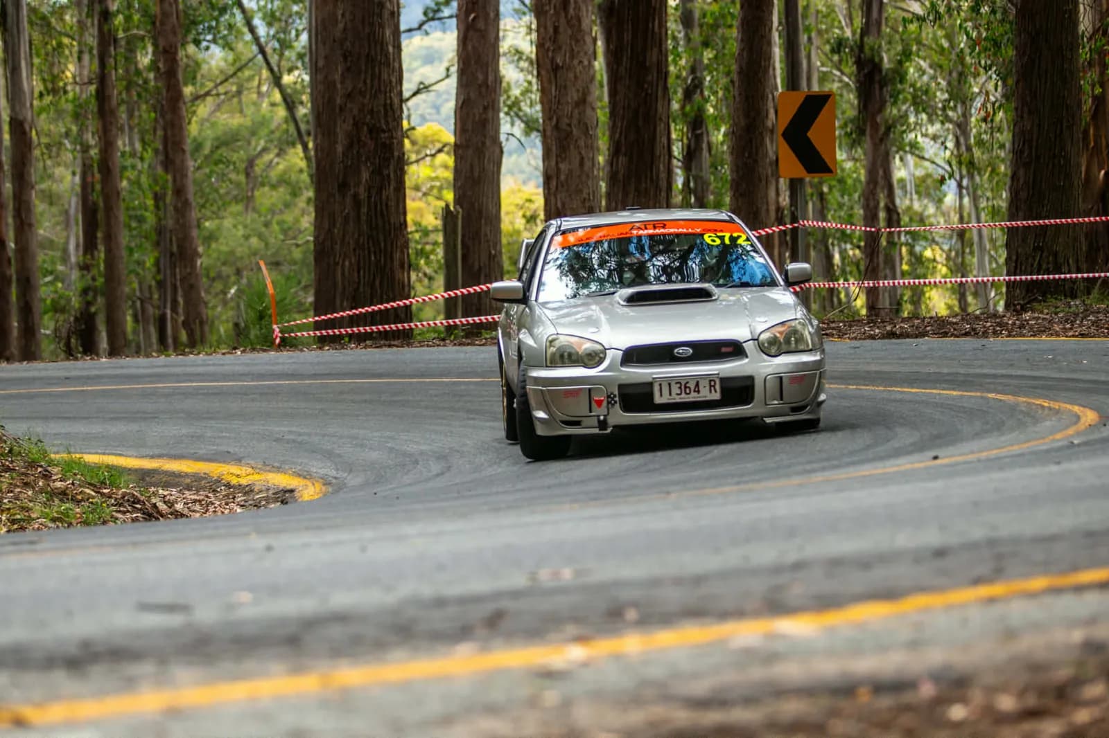 Shakewell Racing's silver Subaru WRX STI on a tarmac stage at the 2026 Great Alpine Rally