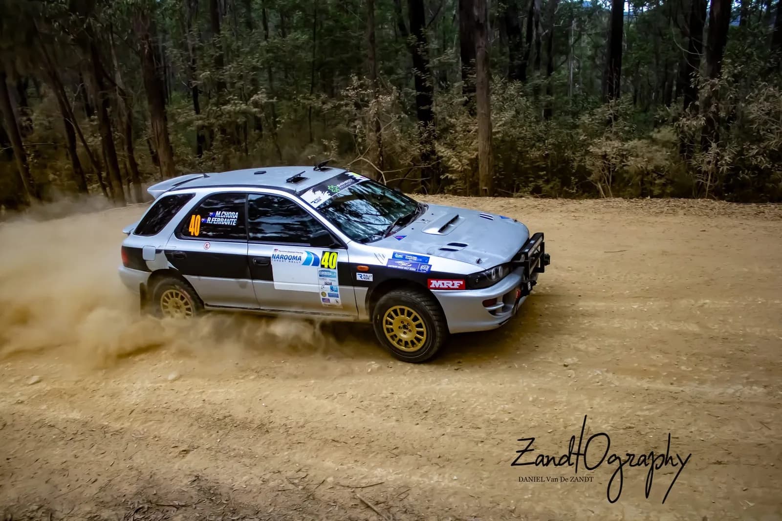 The Shakewell Racing GF8 Impreza wagon throwing a dust cloud out of a gravel corner at the Rally of the Bay 2026
